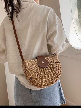 Woven Straw Crossbody Bag with Brown Leather Trim